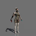 Game and Movie Character with Mechanical Arm Gas Mask Short Hair in Futuristic Cyberpunk Outfit