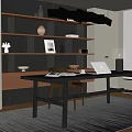 Modern Study Room Interior With Curved Walls Dark Shelves Black Desk Laptop And Gray Rug