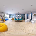 Modern Beauty Salon Interior With Blue Sofa White Tables And Pink Cherry Blossom Tree