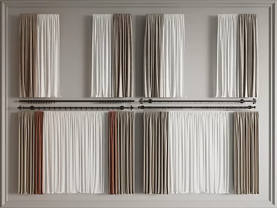 Various Colored Curtains Display with Modern Rods and Different Textures on Wall 3d model