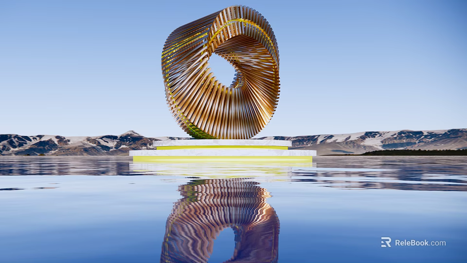 Spiral Golden Striped Sculpture With White Base And Water Reflection Against Blue Sky Mountain Backdrop 3d model 