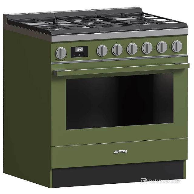 Green Kitchen Range Cooker With Gas Hob Control Knobs And Oven Door 3d model
