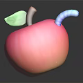 Pink Shiny Apple With Green Leaf Brown Stem And Blue Worm 3d model