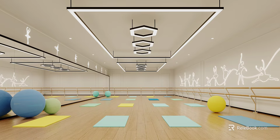Modern Fitness Studio With Yoga Mats Exercise Balls Ballet Barres And Dance Silhouettes 3d model 