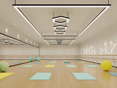 Modern Fitness Studio With Yoga Mats Exercise Balls Ballet Barres And Dance Silhouettes 3d model