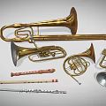 Brass And Woodwind Musical Instruments Display With Trombone Horn Flute Oboe