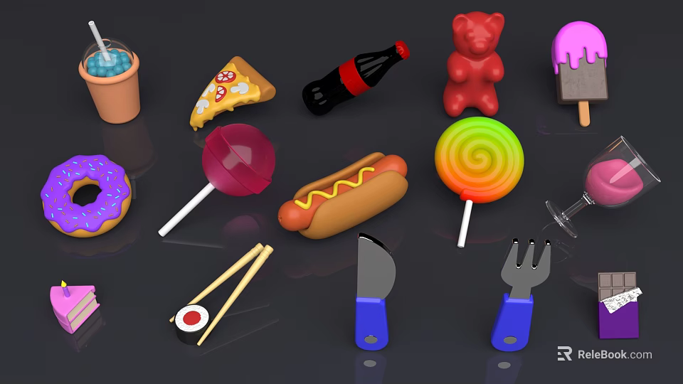 Colorful Decorative Ornament Set With Food Shaped Toys Lollipop Pizza Hotdog Bear Doll And Utensils 3d model 