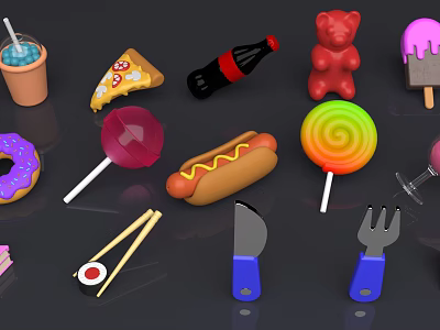 Colorful Decorative Ornament Set With Food Shaped Toys Lollipop Pizza Hotdog Bear Doll And Utensils 3d model