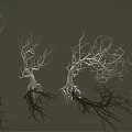Leafless Trees with Exposed Trunks and Roots Arranged in a Row Against Dark Background 3d model