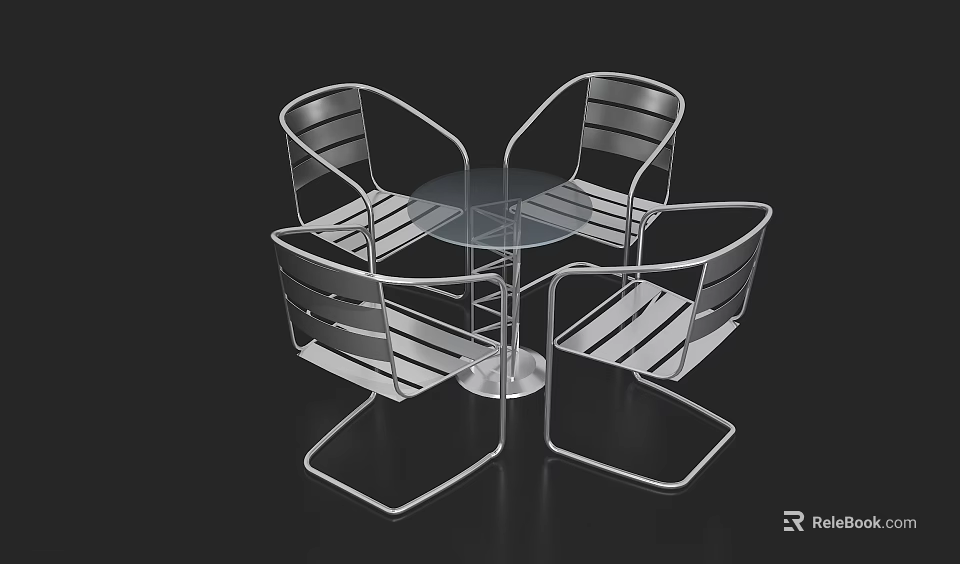 Modern Round Glass Tabletop With Four Striped Metal Frame Chairs Set 3d model 