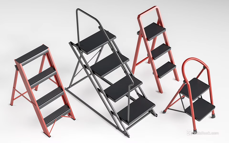 Red And Black Foldable Step Ladders With Different Step Designs For Home Use 3d model 