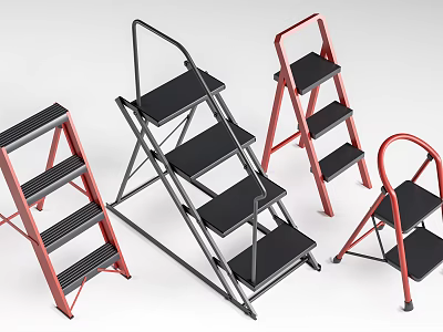 Red And Black Foldable Step Ladders With Different Step Designs For Home Use 3d model