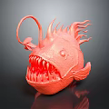 Red Anglerfish With Large Mouth Sharp Teeth Head Lure Structure And Fin Protrusions