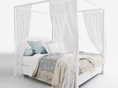 White Four Poster Double Bed with Sheer Curtains Pillows Patterned Bedspread and Soft Blanket 3d model