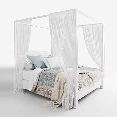 White Four Poster Double Bed with Sheer Curtains Pillows Patterned Bedspread and Soft Blanket 3d model