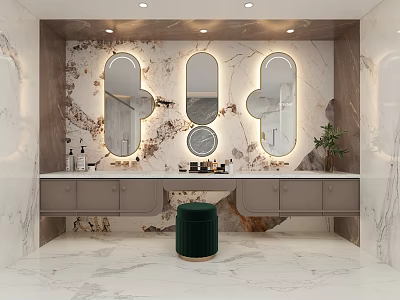 Hotel Bathroom Interior With Three Oval Mirrors Double Sink Countertop Green Stool And Marble Walls 3d model