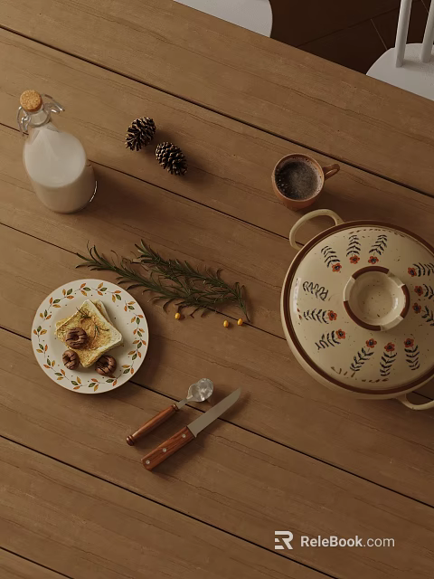 Elegant Decorative Ornament Set With Floral Lidded Bowl Ceramic Plate Rosemary And Pine Cones 3d model 