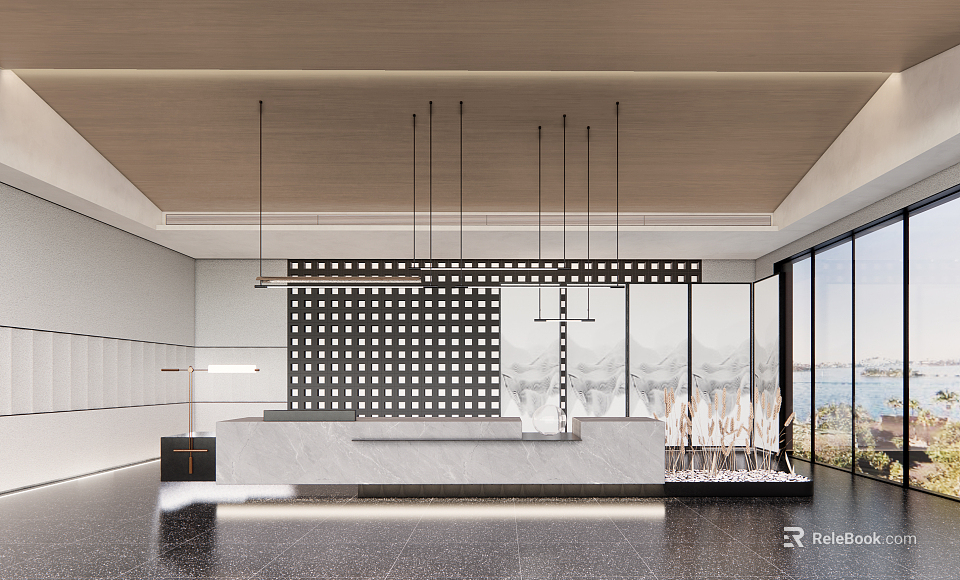 Hotel Lobby With Wooden Ceiling Hanging Pendant Lights Marble Reception Desk And Floor To Ceiling Windows 3d model 