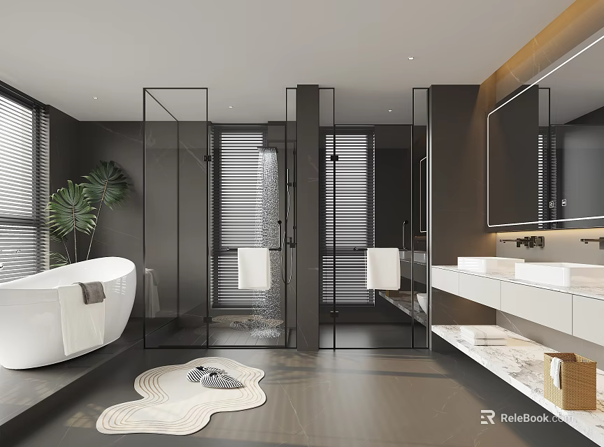 Modern Bathroom Interior With Bathtub Glass Partitions And Vanities 3d model 