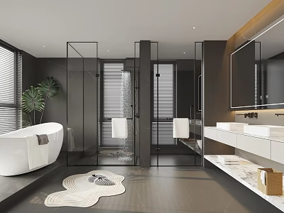 Modern Bathroom Interior With Bathtub Glass Partitions And Vanities 3d model
