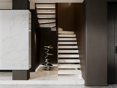 Modern Interior Staircase Design With Marble Steps And Dark Wooden Accent Walls 3d model