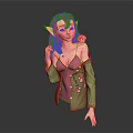 Pink Haired Elf Character Holding Small Bird Wearing Purple Camisole And Green Coat