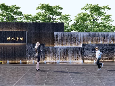 Modern Outdoor Waterfall Feature Wall With Black Stone Green Trees And People Activity 3d model