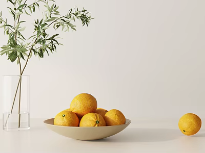 Decorative Ornament Combination with Clear Glass Vase Green Foliage Beige Bowl and Lemons 3d model