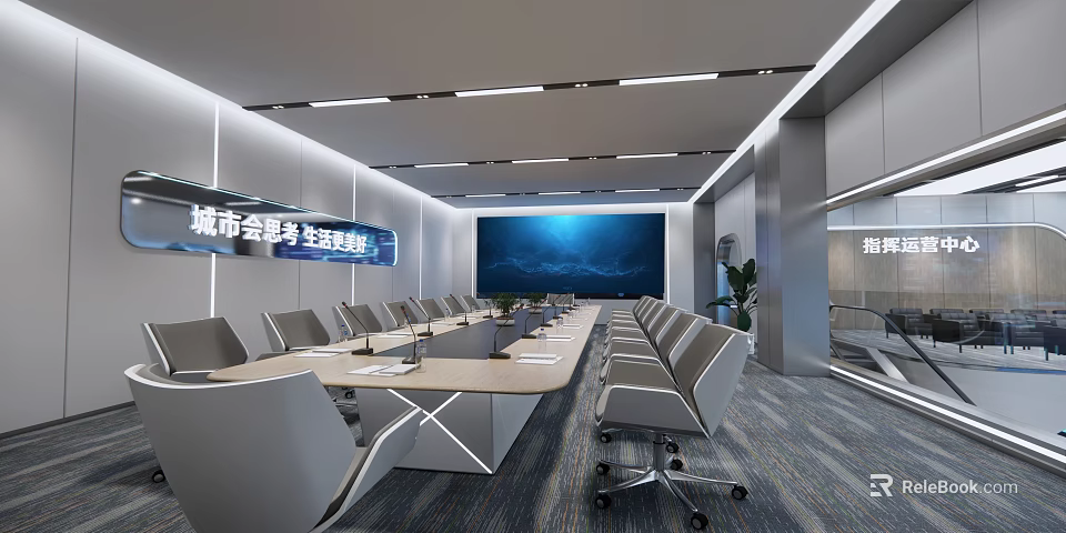 Modern Conference Room Interior With Long Meeting Table Gray Chairs Large Screen And Green Plant 3d model 