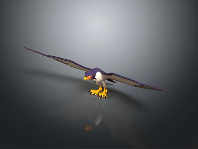 Flying Eagle With Spread Wings Yellow Claws Purple White Body Against Gray Background And Reflection 3d model