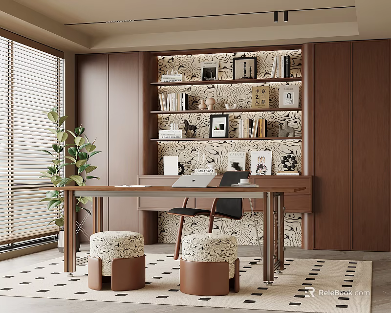 Modern Study Room Interior Design With Bookshelves Books Decorative Frames Writing Desk Chair And Plant 3d model 