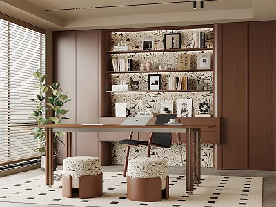 Modern Study Room Interior Design With Bookshelves Books Decorative Frames Writing Desk Chair And Plant 3d model