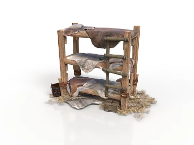 Rustic Wooden Multi Tiered Rack With Animal Hides And Straw Accents Near Small Woven Basket 3d model