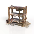 Rustic Wooden Multi Tiered Rack With Animal Hides And Straw Accents Near Small Woven Basket