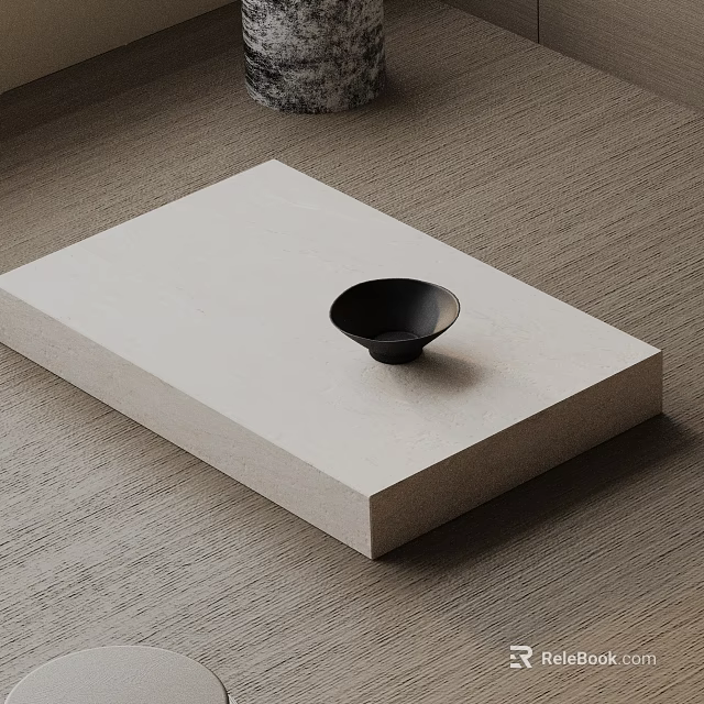 Minimalist Sofa and Coffee Table Set Featuring Light Colored Tabletop with Black Bowl 3d model