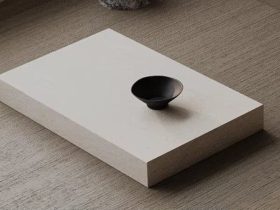 Minimalist Sofa and Coffee Table Set Featuring Light Colored Tabletop with Black Bowl 3d model