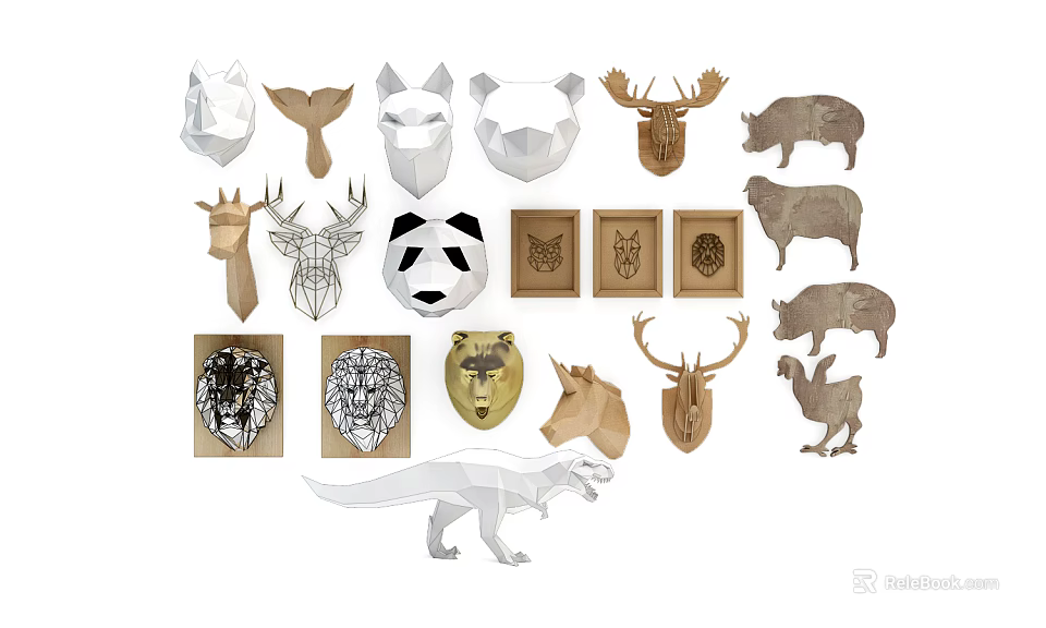 Assorted Geometric Animal Shaped Wooden Wall Decor for Modern Home Interiors 3d model 