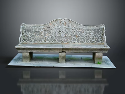 Outdoor Decorative Stone Bench With Intricate Carved Backrest And Stone Slab Base 3d model