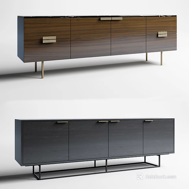Modern TV Stand With Walnut And Dark Gray Wood Metal Handles And Metal Legs Design 3d model 