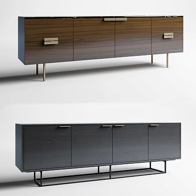Modern TV Stand With Walnut And Dark Gray Wood Metal Handles And Metal Legs Design 3d model