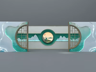 Traditional Chinese Decorative Screen With Circular Landscape Ornament And Moon Gate Design 3d model