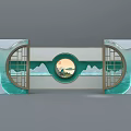 Traditional Chinese Decorative Screen With Circular Landscape Ornament And Moon Gate Design