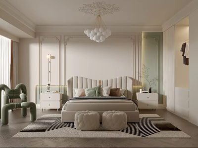 Modern Bedroom Interior Design With Bed Nightstands Chandelier Green Chair And Patterned Rug 3d model