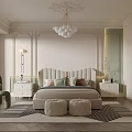 Modern Bedroom Interior Design With Bed Nightstands Chandelier Green Chair And Patterned Rug