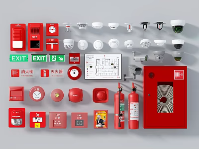 Essential Fire Safety Equipment Including Exit Signs Fire Extinguishers Smoke Detectors And Alarms 3d model