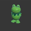 Green Cartoon Frog Toy with Big Eyes Smiling and Leaf Collar Standing on Dark Background