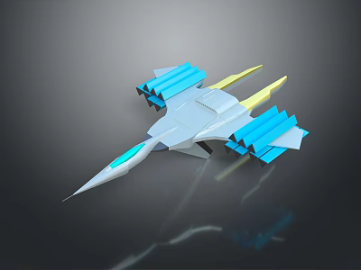 Futuristic Fighter Jet 3D Model With Sharp Nose Blue Wings And Yellow Thrusters 3d model