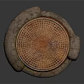 Circular Manhole Cover Featuring Intricate Geometric Pattern On Rustic Stone Base 3d model