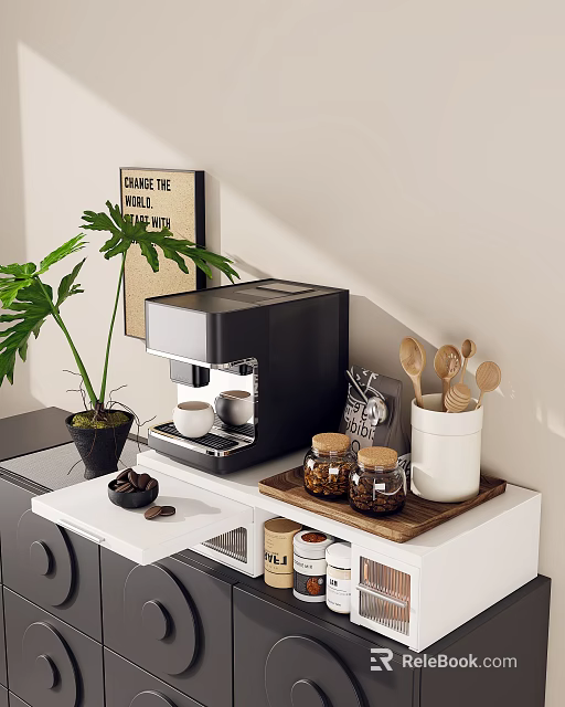 Modern Kitchen Shelf with Coffee Machine Cups Beans Wooden Spoons Jars and Green Plant 3d model 
