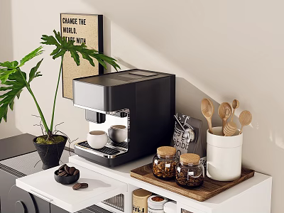Modern Kitchen Shelf with Coffee Machine Cups Beans Wooden Spoons Jars and Green Plant 3d model